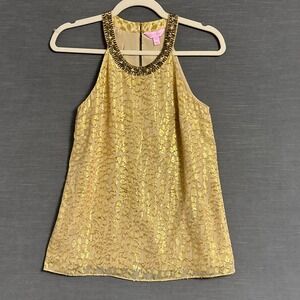 Lilly Pulitzer Top XXS Silk Gold Metallic Beaded Corsica Halter Leopard Animal
